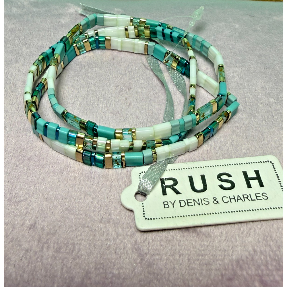 Rush by Denis & Charles 3 Blue Multi-Colored Tile Beaded Stretch Bracelet NWT